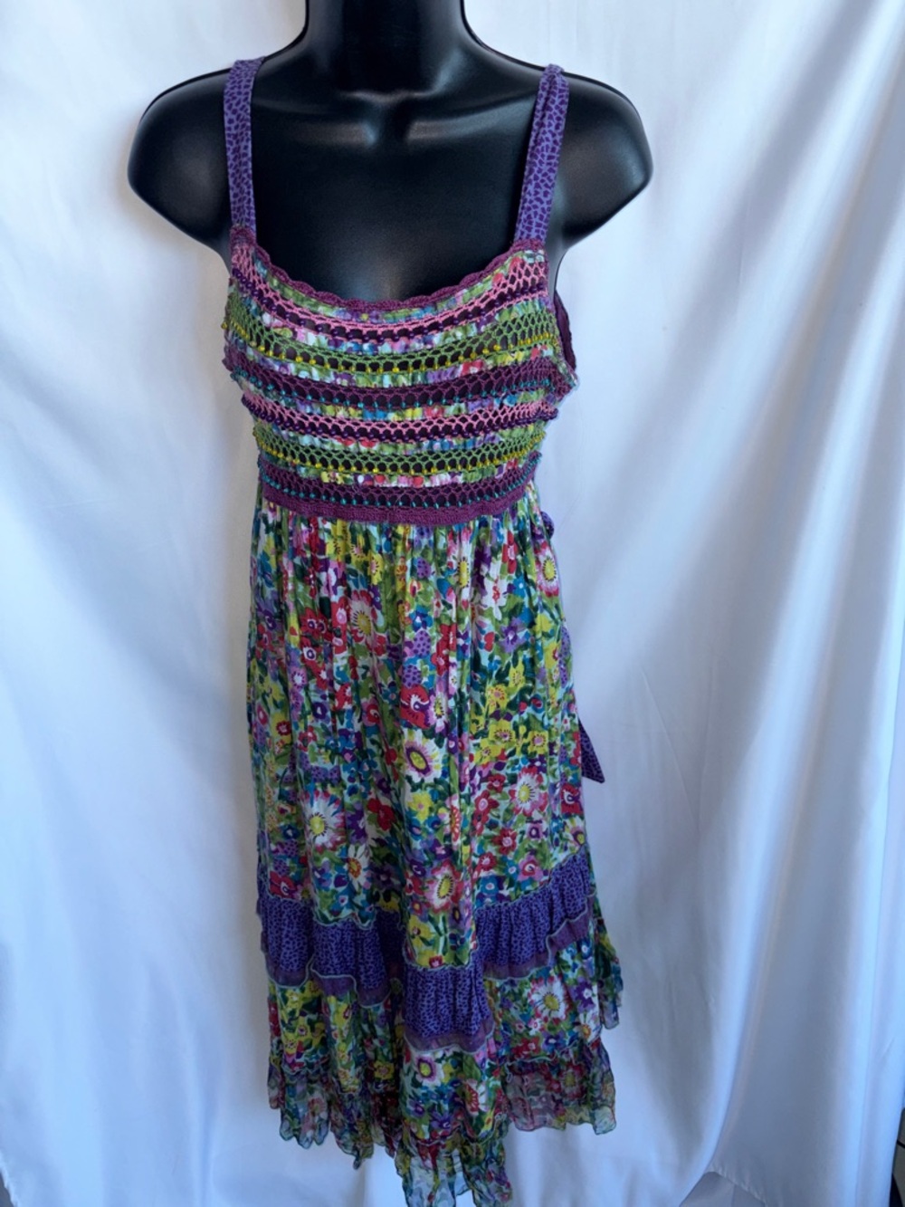 Bohemian Multicolor Maxi Dress, crocheted  top, tiered skirt, sz L, 20”PTP, 40”L
